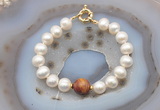 CFB1068 Hand-knotted 9mm - 10mm potato white freshwater pearl & picasso jasper bracelet