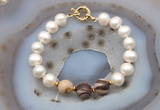 CFB1070 Hand-knotted 9mm - 10mm potato white freshwater pearl & brown zebra jasper bracelet