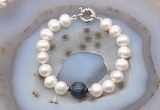 CFB1071 Hand-knotted 9mm - 10mm potato white freshwater pearl & blue tiger eye bracelet