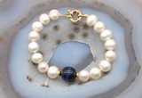 CFB1072 Hand-knotted 9mm - 10mm potato white freshwater pearl & blue tiger eye bracelet