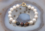 CFB1073 Hand-knotted 9mm - 10mm potato white freshwater pearl & mixed tiger eye bracelet