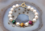 CFB1074 Hand-knotted 9mm - 10mm potato white freshwater pearl & colorful tiger eye bracelet