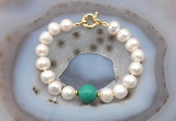 CFB1077 Hand-knotted 9mm - 10mm potato white freshwater pearl & grass agate bracelet