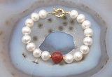 CFB1078 Hand-knotted 9mm - 10mm potato white freshwater pearl & red agate bracelet