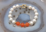 CFB1085 Hand-knotted 9mm - 10mm potato white freshwater pearl & candy jade bracelet