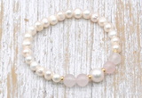 CFB600 6-7mm potato white freshwater pearl & rose quartz stretchy bracelet