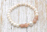 CFB605 6-7mm potato white freshwater pearl & moonstone stretchy bracelet