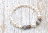 CFB607 6-7mm potato white freshwater pearl & Botswana agate stretchy bracelet