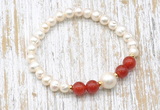 CFB608 6-7mm potato white freshwater pearl & red agate stretchy bracelet