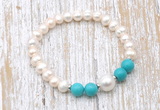 CFB613 6-7mm potato white freshwater pearl & turquoise stretchy bracelet