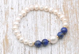 CFB616 6-7mm potato white freshwater pearl & lapis lazuli stretchy bracelet