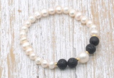 CFB617 6-7mm potato white freshwater pearl & black lava stretchy bracelet