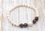 CFB619 6-7mm potato white freshwater pearl & red tiger eye stretchy bracelet