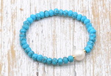 CFB703 faceted rondelle turquoise & potato white freshwater pearl stretchy bracelet