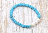 CFB704 faceted rondelle turquoise & potato white freshwater pearl stretchy bracelet