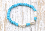 CFB705 faceted rondelle turquoise & potato white freshwater pearl stretchy bracelet