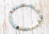 CFB707 faceted rondelle amazonite & potato white freshwater pearl stretchy bracelet