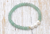 CFB713 faceted rondelle green aventurine & potato white freshwater pearl stretchy bracelet