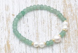 CFB714 faceted rondelle green aventurine & potato white freshwater pearl stretchy bracelet