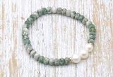 CFB716 faceted rondelle Qinghai jade & potato white freshwater pearl stretchy bracelet