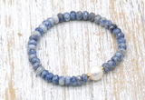 CFB718 faceted rondelle blue spot stone & potato white freshwater pearl stretchy bracelet