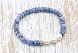 CFB719 faceted rondelle blue spot stone & potato white freshwater pearl stretchy bracelet