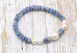 CFB720 faceted rondelle blue spot stone & potato white freshwater pearl stretchy bracelet