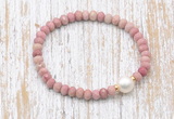 CFB727 faceted rondelle pink wooden jasper & potato white freshwater pearl stretchy bracelet