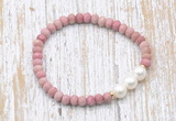 CFB728 faceted rondelle pink wooden jasper & potato white freshwater pearl stretchy bracelet