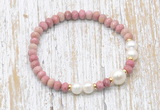 CFB729 faceted rondelle pink wooden jasper & potato white freshwater pearl stretchy bracelet