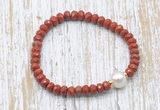 CFB730 faceted rondelle red jasper & potato white freshwater pearl stretchy bracelet