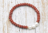 CFB731 faceted rondelle red jasper & potato white freshwater pearl stretchy bracelet