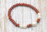 CFB732 faceted rondelle red jasper & potato white freshwater pearl stretchy bracelet