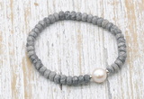 CFB733 faceted rondelle grey picture jasper & potato white freshwater pearl stretchy bracelet