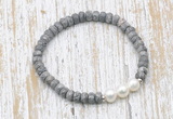 CFB734 faceted rondelle grey picture jasper & potato white freshwater pearl stretchy bracelet