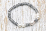 CFB735 faceted rondelle grey picture jasper & potato white freshwater pearl stretchy bracelet