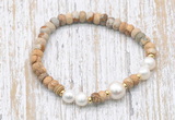 CFB738 faceted rondelle picture jasper & potato white freshwater pearl stretchy bracelet