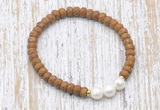 CFB740 faceted rondelle wooden jasper & potato white freshwater pearl stretchy bracelet