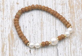 CFB741 faceted rondelle wooden jasper & potato white freshwater pearl stretchy bracelet