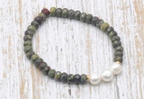 CFB743 faceted rondelle dragon blood jasper & potato white freshwater pearl stretchy bracelet