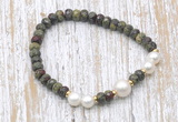 CFB744 faceted rondelle dragon blood jasper & potato white freshwater pearl stretchy bracelet