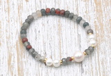 CFB747 faceted rondelle African bloodstone & potato white freshwater pearl stretchy bracelet