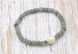 CFB748 faceted rondelle labradorite & potato white freshwater pearl stretchy bracelet