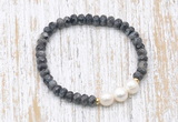 CFB752 faceted rondelle black labradorite & potato white freshwater pearl stretchy bracelet