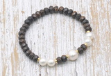 CFB756 faceted rondelle bronzite & potato white freshwater pearl stretchy bracelet