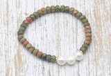 CFB758 faceted rondelle unakite & potato white freshwater pearl stretchy bracelet