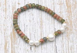 CFB759 faceted rondelle unakite & potato white freshwater pearl stretchy bracelet