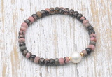 CFB763 faceted rondelle rhodonite & potato white freshwater pearl stretchy bracelet