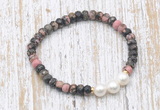 CFB764 faceted rondelle rhodonite & potato white freshwater pearl stretchy bracelet