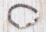 CFB765 faceted rondelle rhodonite & potato white freshwater pearl stretchy bracelet